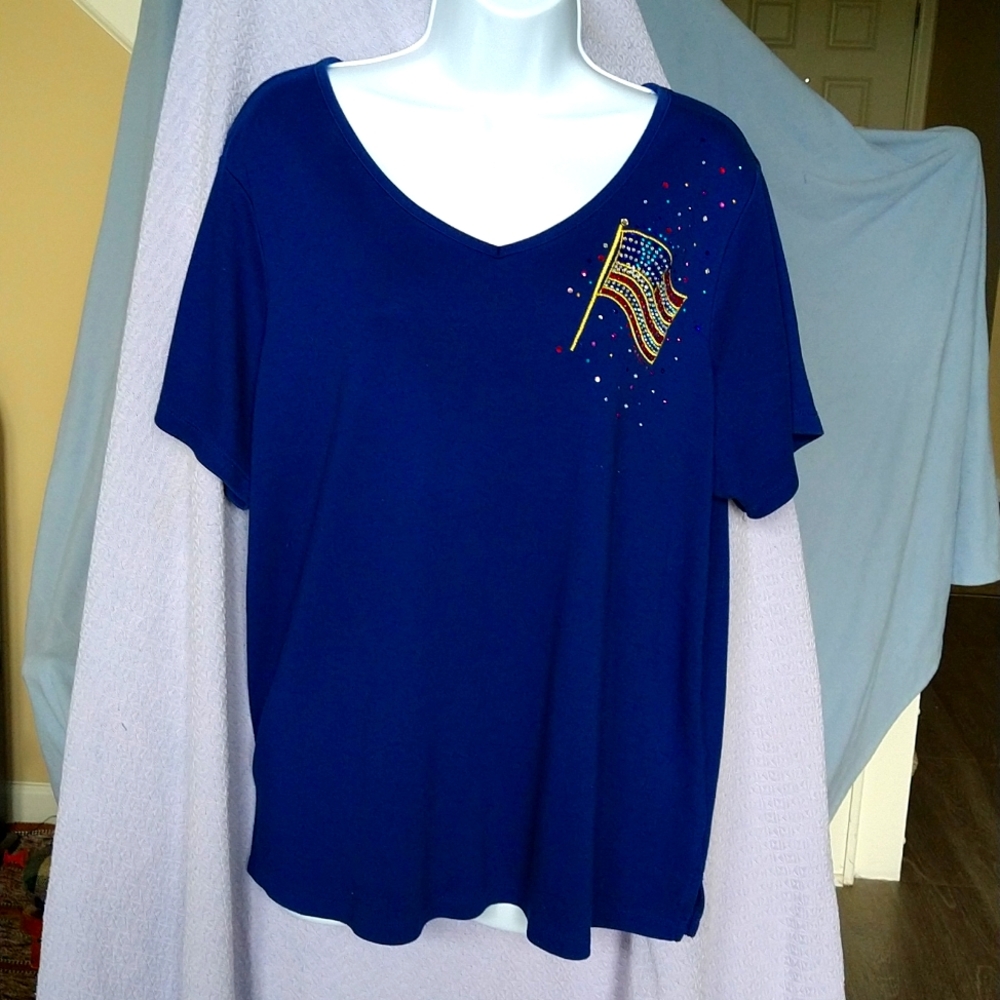 Quacker Factory Blue Rhinestone Embellished Short Sleeve Vee Neck top sz 1X